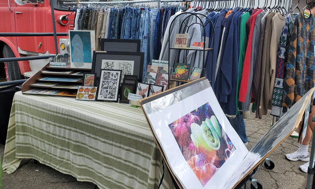 10x10 tent, print table - Thrift-a-Bull Market 2025 (clothing racks belong to other booth)
